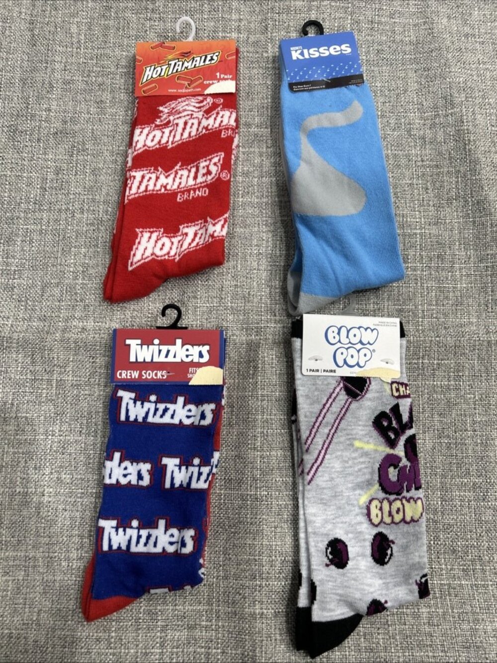 Lot of 4 Novelty Crew Socks Pop Culture Twizzlers Blow Pop Kisses Hot Tamales